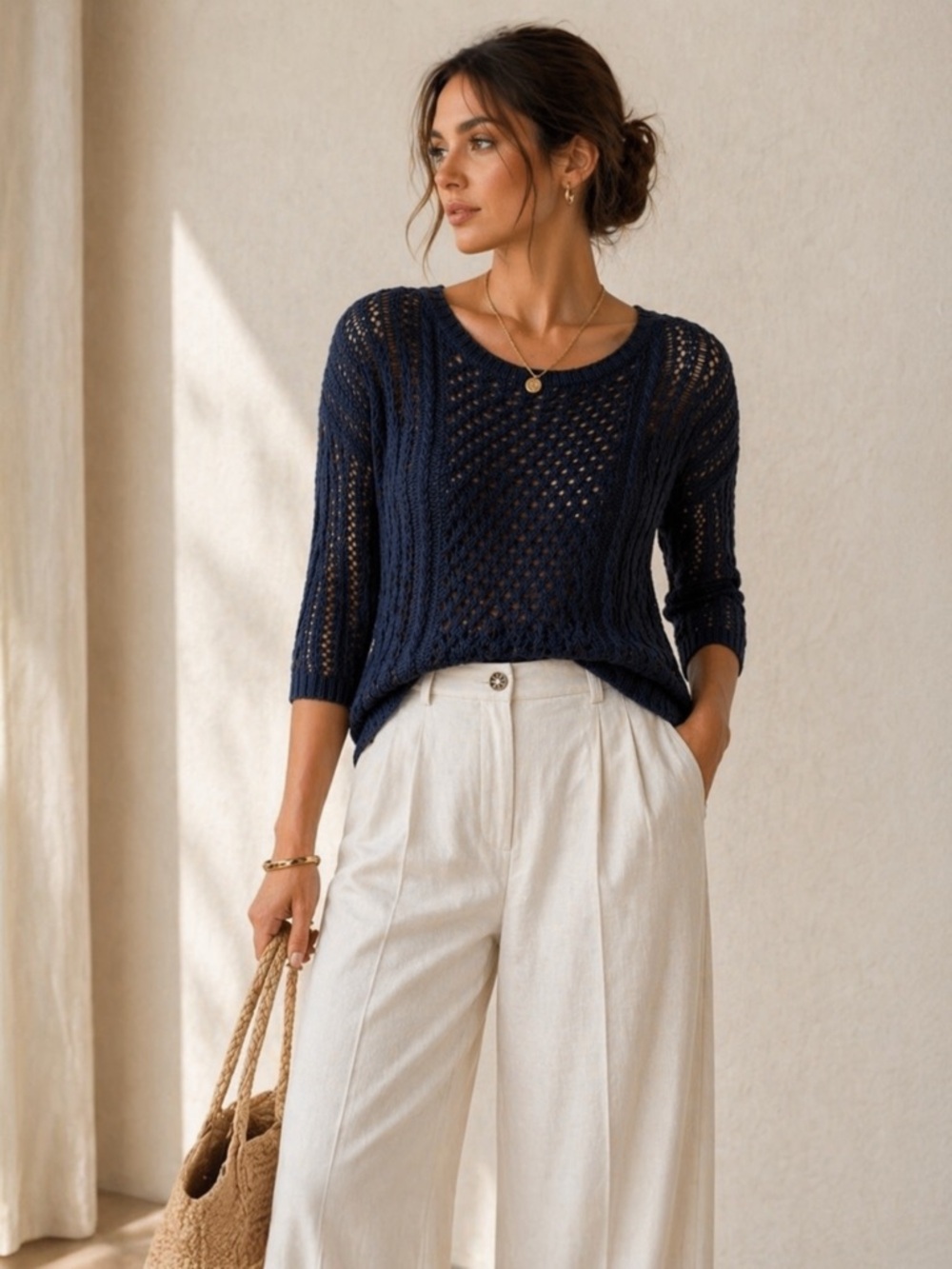 Anthro Moth Open Knit Sweater Navy Blue Scoop Neck Back Zip Lightweight Top M